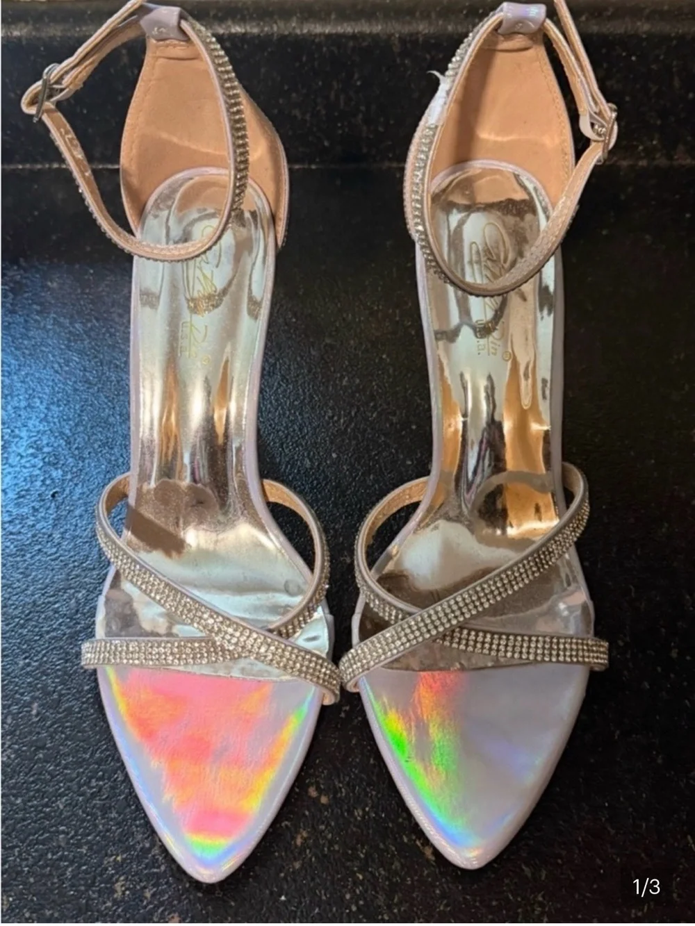 Women's Iridescent Pointed-Toe Ankle-Strap Heels with Rhinestone Straps